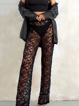 Sexy See Through Sheer Pants for Women Flower Black Lace Tights Mesh  Patchwork Trousers