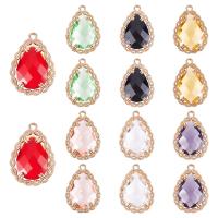 1Box 14Pcs 7 Colors Transparent Glass Pendants for DIY Jewelry Making with Brass Findings Faceted Teardrop Light Gold Mixed Color 19x14x4.5mm Hole: 1.2mm 2pcs/color