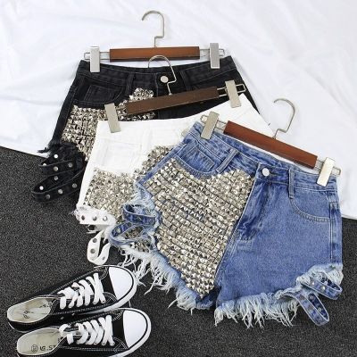 2019 Womens Fashion Brand Vintage Tassel Rivet Ripped High Waisted Short Jeans Punk Sexy Hot Woman Denim Shorts