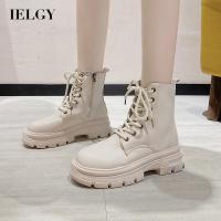 IELGY  หนา Soled สีดำรองเท้ามาร์ตินผู้หญิงสไตล์อังกฤษซิปด้านข้างสั้น