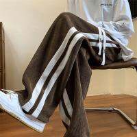 หลวมกาแฟ Corduroy กางเกงผู้ชายผู้หญิง Drawstring ลายกางเกงขากว้างฤดูใบไม้ร่วง Casual Easy Care Anti-Wrinkle Mopping กางเกง