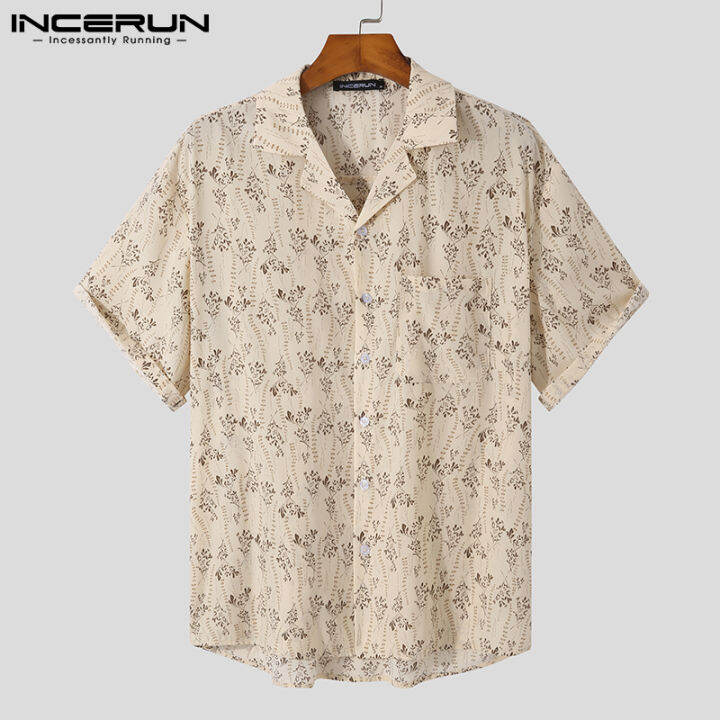 incerun-เสื้อเชิ้ตแขนสั้นลายดอกไม้สำหรับผู้ชาย-เสื้อยืดลำลองแนววินเทจสไตล์เกาหลี