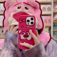 Strawberry หมีเคสโทรศัพท์ iPhone 11 12 13 14 Pro Max XR XS Max 7 8 Plus คลุมทั้งหมดซิลิโคนเหลวพร้อมเคสนิ่มป้องกันเลนส์ป้องกันการตก