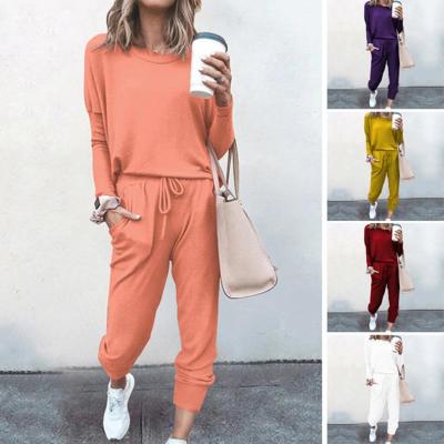 Womens Tracksuit Solid Crewneck Sport Suits Autumn Warm Drawstring Casual Long Sleeve Sweatshirts and Trousers Two Pieces Sets