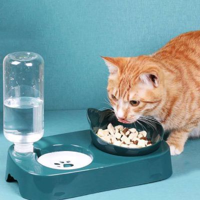 Pet Dog Bowl Automatic Feeder Cat Food Bowl with Water Fountain Bowl Drinking Raised Stand Dish Bowls Cat Food and Water Dush