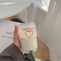 Creative Lifes Shop-สไตล์อินส์เกาหลี / ถ้วยน้ำแก้วใสทรงรัก / มีฝาปิด + ถ้วยนมฟาง