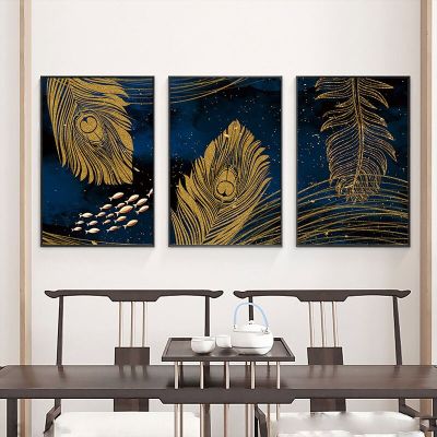 Nordic บทคัดย่อ Gold Feather Modern Home ห้องนั่งเล่นผ้าใบพิมพ์ภาพโปสเตอร์ภาพวาดตกแต่งห้องนอน Art Wall