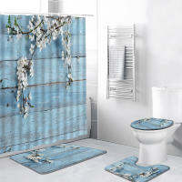 4pcsSet Blue Deck Shower Curtain R Wooden Board White Flower Spring Plant Floral Bathroom Decor Bath Mat Rug Toilet Cover