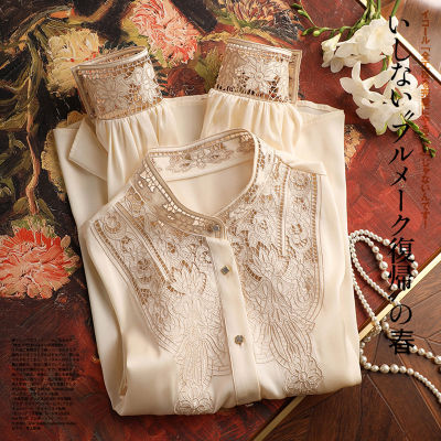 Grade D Luxury And Beautiful Style Imitation Silk Ten Thousand Needles Hollow Embroidered Shirt Womens Long Sleeve Fashionable Elegant Mulberry Silk Top