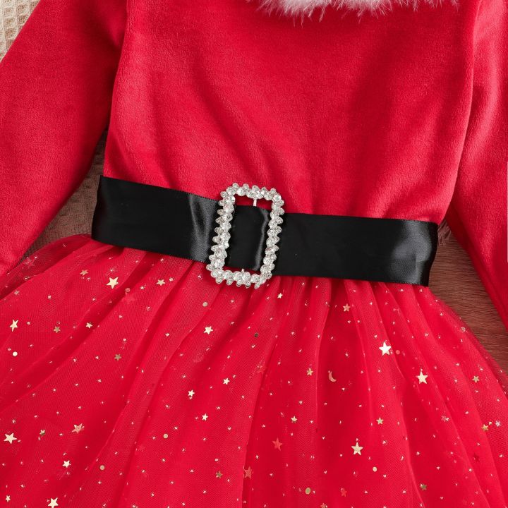 jeansame-dress-ชุดเดรสแขนยาวลำลองของสาวน้อยคริสต์มาสกำมะหยี่ตาข่ายเย็บเส้นด้ายชุด-a-line-พร้อมแถบคาดศีรษะ