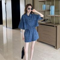 เสื้อโค้ทสั้นฤดูร้อนรุ่นเกาหลีแบบหลวม Celana Pendek Denim นักเรียนผู้หญิงขนาดเล็กอเนกประสงค์ชุดคลุมท้อง2ชิ้น