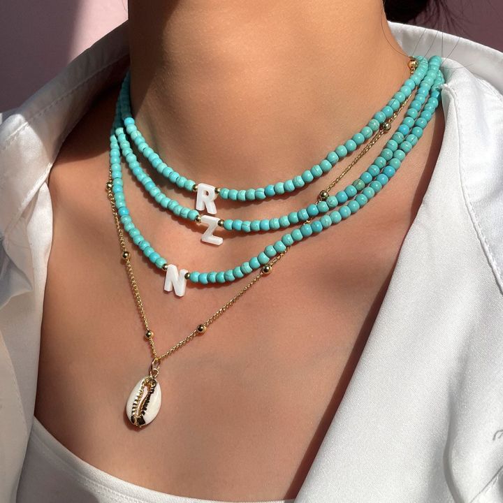 cw-fashion-name-initial-shell-letter-beaded-necklace-for-women-candy-turquoise-bead-choker-pendant-layered-necklaces-summer-jewelry