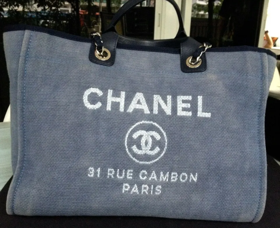 SOLD - Chanel Deauville Denim Blue Silver Chain 2 Way Shoulder Hand Held Tote  Large Bag