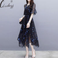 Summer Print Chiffon Dress Women Elegant O-Neck Casual Maxi Dress Slim High Waist Butterfly Sleeve Elegant Dress Large Size 4XL