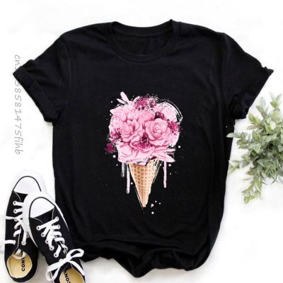 Premium O Neck Women Flower Ice Cream Fashion Lady T-Shirts Ladies Womens Graphic Female Tee T-Shirt