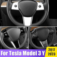 สำหรับ Tesla รุ่น3 Y 2017 2018 2019 2020 2021 2022 2023คาร์บอนไฟเบอร์รถพวงมาลัยปุ่มฝาครอบสติกเกอร์อุปกรณ์เสริม