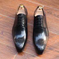 ✑ Oxford Derby – chaussures classiques en cuir véritable pour hommes à bout pointu à la mode avec lacets de haute qualité pour bureau et mariage