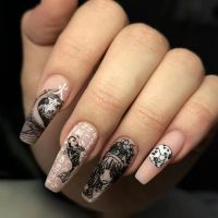 Japanese Style Black Graffiti False Nails Detachable Long Coffin Ballet Fake Nails Full Cover Nail Tips Press on Nails 24Pcs