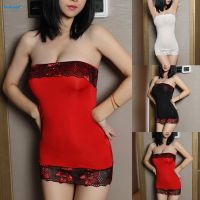 【HODRD】Bodycon Women Underwear Ice Silk Lace Nightdress See-Through Sexy Shiny【Fashion】