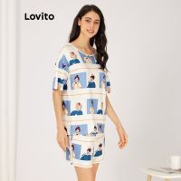 Lovito ชุดนอน เสื้อสวมหัว คอตัก ทรงหลวม ลายการ์ตูนน่ารัก สีฟ้า L23AD148