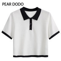 PEAR DODO เสื้อยืดแขนเสื้อสั้นถักคอโปโลผู้หญิงเกาหลี