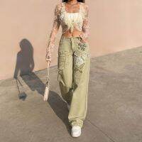 Y2K retro creative print jeans female European and American personality street loose and thin casual all-match straight trousers