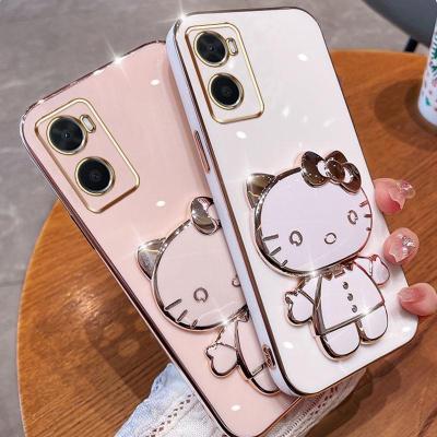 Folding Makeup Mirror Phone Case For OPPO A36 A76  Case Fashion Cartoon Cute Cat Multifunctional Bracket Plating TPU Soft Cover Casing