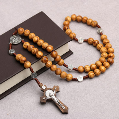 10MM Chain Fashion Religion Wood Beads Rosary Christian Virgin INRI Cross Necklace Men Pendant