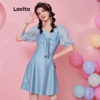 (Lovito Exclusive) DOPAMINE GIRLS ชุดเดรส ผ้าตาข่าย แบบปม แขนพอง สีพื้น สไตล์เพร็พพี่ L28AE034 (สีฟ้าอ่อน)