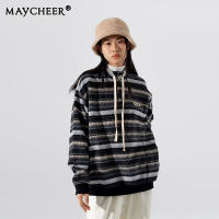 MAYCHEER   เสื้อกันหนาวลายทางวินเทจสำหรับผู้ชายและผู้หญิงถักแจ็คเก็ตคู่เก๋ไก๋หลวม