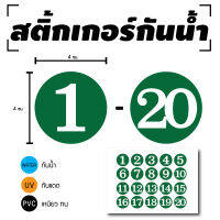 STICKER สติกเกอร์ สติ้กเกอร์กันน้้ำ ติดประตู,ผนัง,กำแพง (ป้ายตัวเลข 1-20) พื้นเขียวเลขขาว 1 A4 ได้รับ 20 ดวง [รหัส D-057]