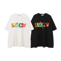 2023 SAERCOW เย็บปักถักร้อยผ้าขนหนูที่มีสีสันโลโก้ T เสื้อผู้ชายผู้หญิงคุณภาพสูงไหล่แขนเสื้อยืด Oversize Tees Top