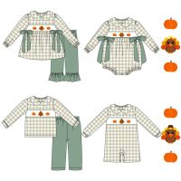 Baby Cotton Long Sleeve T-shirt Set Round Neck Turkey And Pumpkin Embroidery Boy Top Clothes And Green Suit Romper With Bow