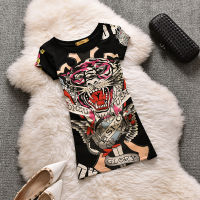 คุณภาพสูงผู้หญิง Ed Hardy Tiger Head Skull Bone Diamond พิมพ์ผ้าฝ้ายแขนสั้นเสื้อยืด Cool Tees