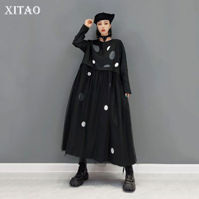 XITAO Dress Loose Fashion Casual Women Mesh Patchwork Dot Print Shirt Dress