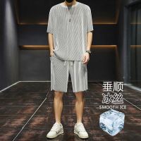 【Hot Sale】 silk mens suit summer thin section loose casual all-match short-sleeved T-shirt two-piece quick-drying