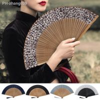 Folding Fan with Tassel Leopard Print Floral Design Chinese Style Women Archaistic Dancing Prop Fan for School