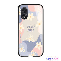 เคสใส่โทรศัพท์สำหรับ OPPO A38 A18หรูหรา INS ดอกไม้ YES NO ตัวอักษรภาษาอังกฤษมันวาวปลอกเคสประกบหลังแบบแข็งกระจกเทมเปอร์เคสโทรศัพท์