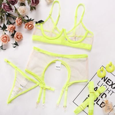 2023 Korean 3-Piece Neon Color Mesh Lingerie Set Women 8 Colors Transprent Sexy Exotic Set Thong Garter Kit