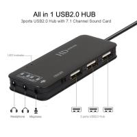 3 Port USB Hub with External 7.1 Channel Sound Card Headset Microphone Adapter USB Hub 2.0 for PC Laptop Computer USB Hubs