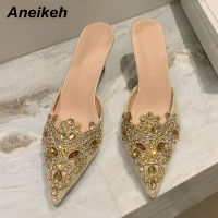 Aneikeh  NEW SpringAutumn Fashion Women Pointed Toe Pumps PU Thin Heels Retro Appliques Mules Polka Dot Party Slip-On Black