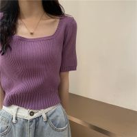 【On Clearance】Womens frosted knit blouse with short sleeves and square collar