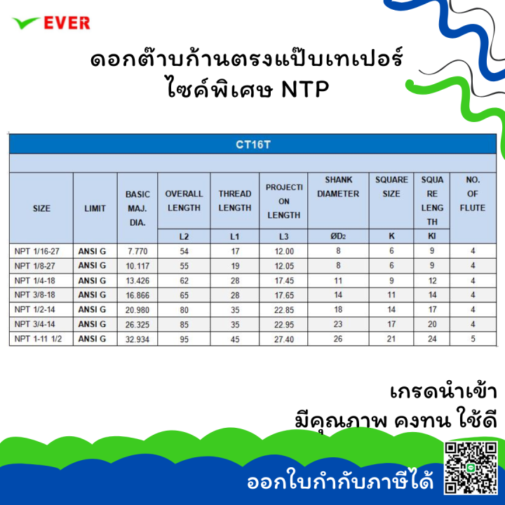 ดอกต๊าบก้านตรงแป๊บเทเปอร์ไซค์พิเศษ-ntp-พร้อมส่ง-american-taper-pipe-taps-for-npt-threads-hss-spiral-flute-ct16t