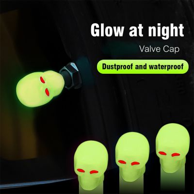 【JH】Yellow Skull Fluorescent Car Tire Valve Caps Auto Motorcycle Bicycle Nozzle Cap Decor Night Glowing Wheel Plug Cover Accessories