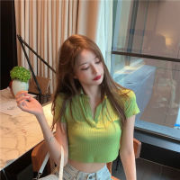 Korean-StyleChicThe Wind Is Most Vintage yVCollar Short-Sleeved Ice Silk Knitted Top Womens Summer New Short Slim FitTT-shirt-