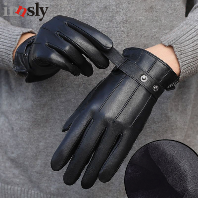 Winter Warm Men Business Gloves Synthetic Leather Black Plus Velvet Mittens Elastic Touch Screen Windproof Male Guantes