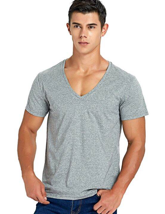 [Lanbo clothing]Stretch Deep V Neck T Shirt for Men Low Cut Vneck Vee