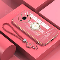 เคสด้านหลังป้องกันซิลิโคนนิ่มสำหรับ Realme 11 5G / Realme 11 Pro + สายคล้องแบบมีเคสพลัส + พลอยเทียมกรอบสี่เหลี่ยมเคลือบ6D หรูหราสำหรับเด็กผู้หญิง