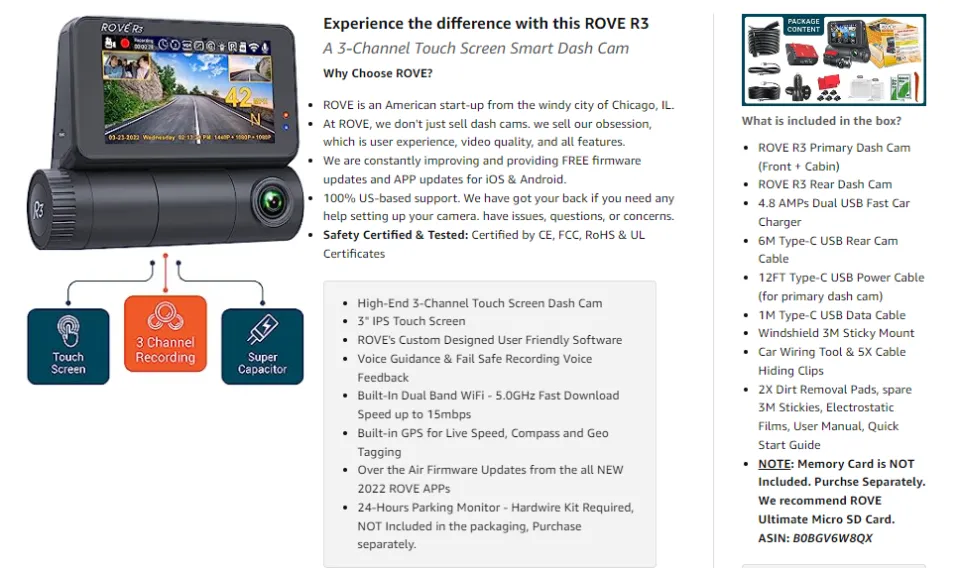 ROVE R3, 3 Channel Touch Screen Dash Cam with Built-in Dual-Band