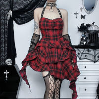 Mall Goth Lolita ลายสก๊อตสีแดงผู้หญิง Streetwear Harajuku Punk Y2k E-Girl Halter สูงเอวไม่สม่ำเสมอชุด Partywear